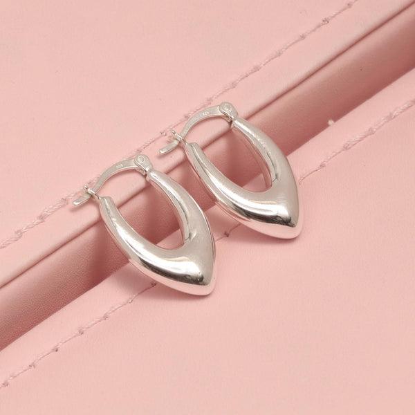 925 Sterling Silver Small Oval Puff V-Shape Vintage Design Plain Click-Top Hoop Earrings for Women