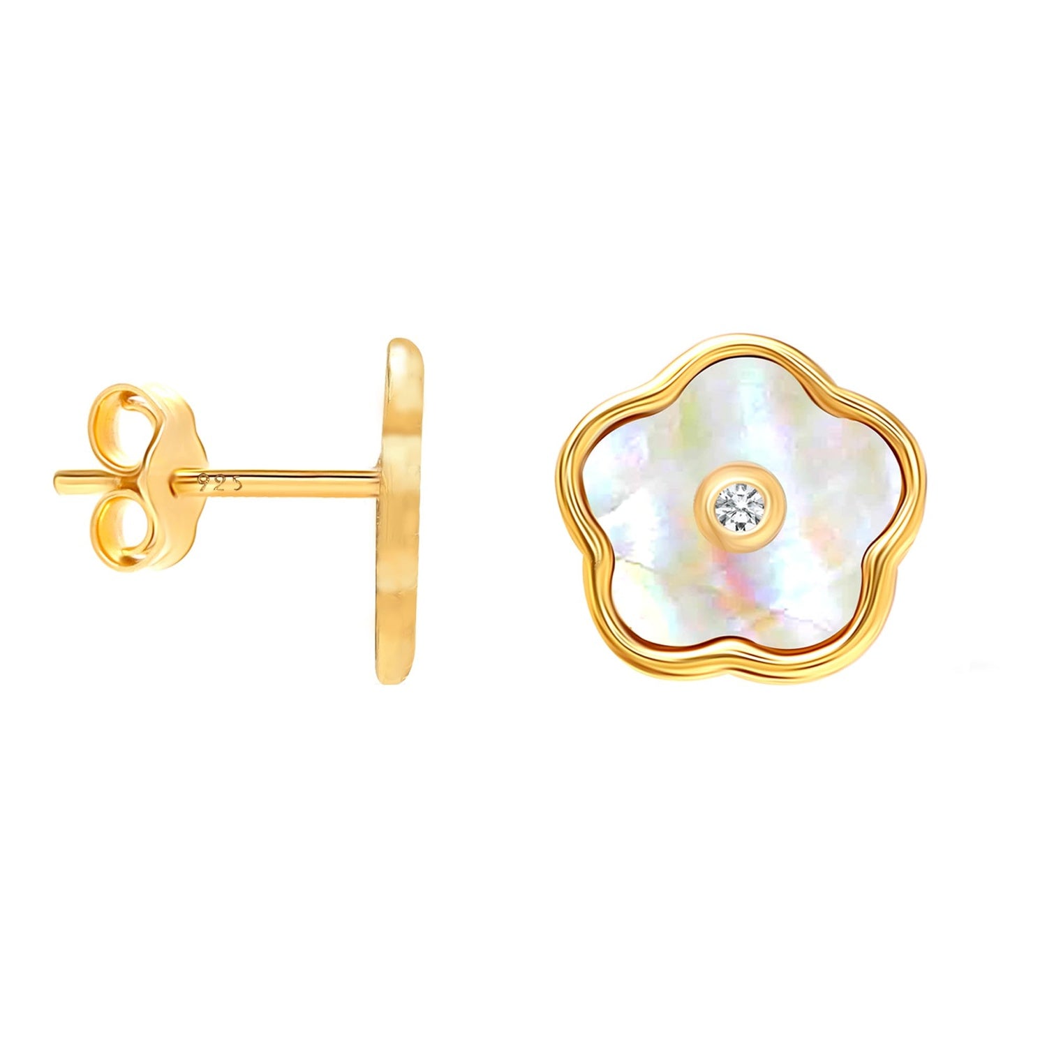 925 Sterling Silver 18K Gold-Plated Mother Of Pearl CZ Flower Stud Earring for Women Teen