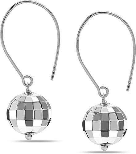 925 Sterling Silver Threader Wire Hammered Mirror Ball Disco Ball Drop Dangle Earring for Women