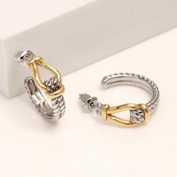 925 Sterling Silver 14K Gold-Plated Classic Two-Tone Textured Half Hoop Earrings for Women