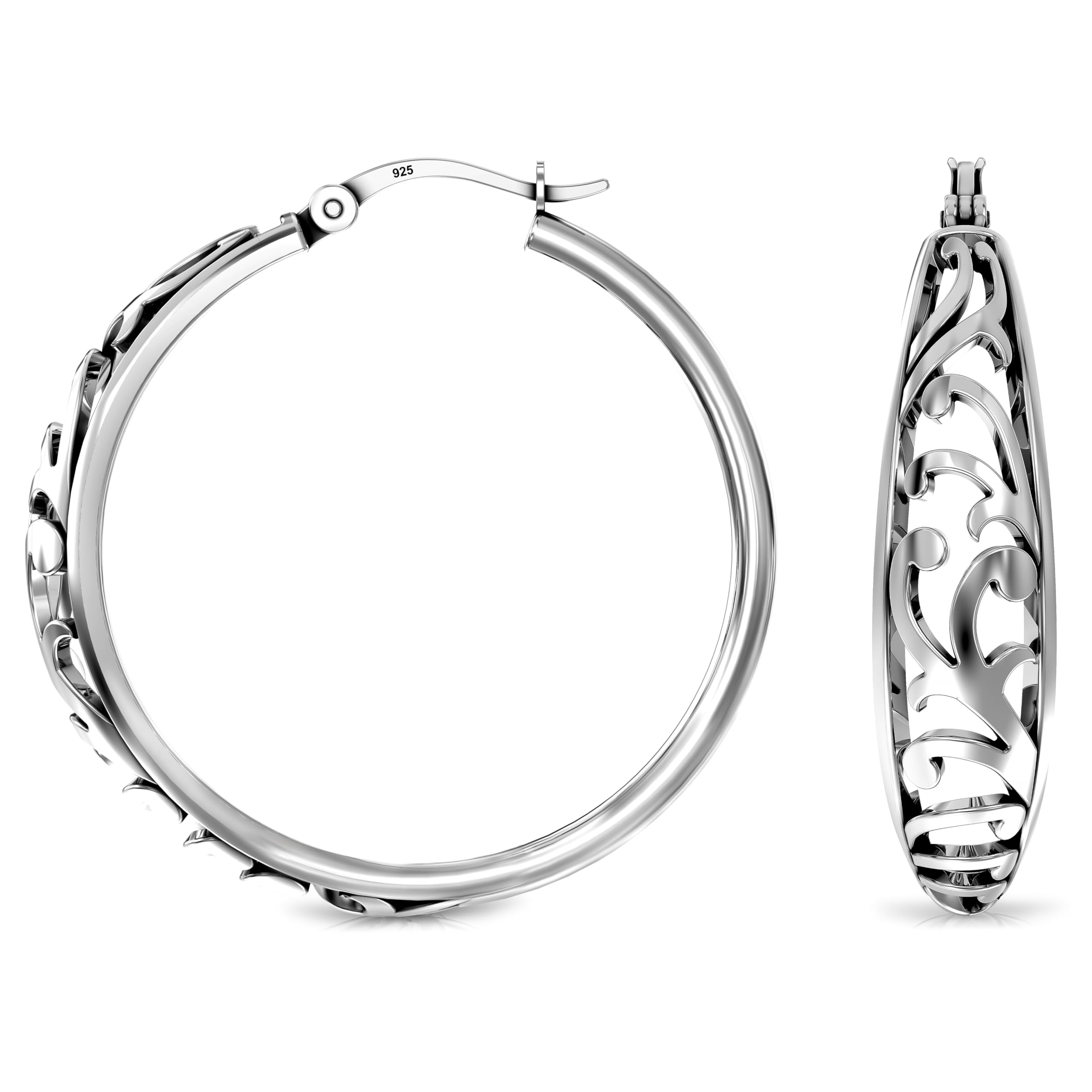 925 Sterling Silver Floral Filigree Hypoallergenic Round Shape Intricate Cutout Design Click-Top Hoop Earrings for Women