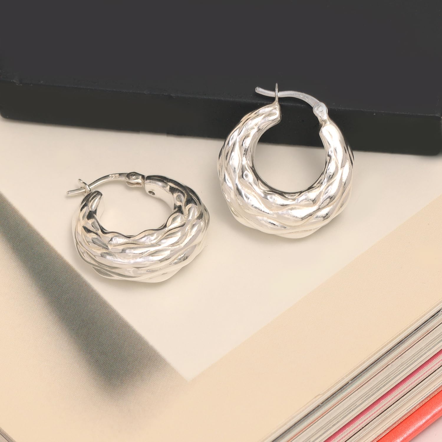 925 Sterling Silver Classic Embossed Texture Chunky Round Shaped Puff Click-Top Hoop Earrings for Women