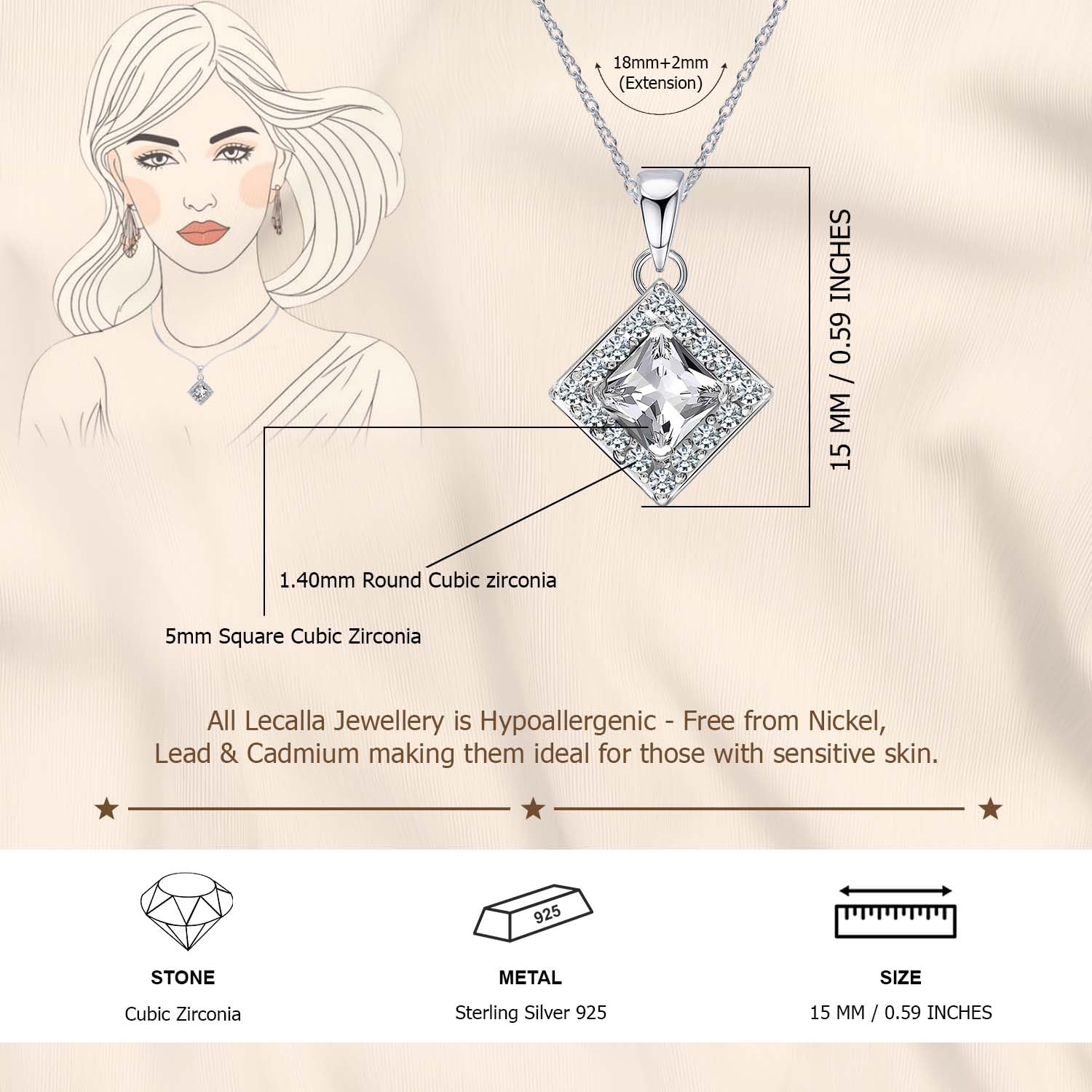 925 Sterling Silver Halo Cubic Zirconia Diamond like Brilliance Sparkling Square Shape Pendant Necklace for Women