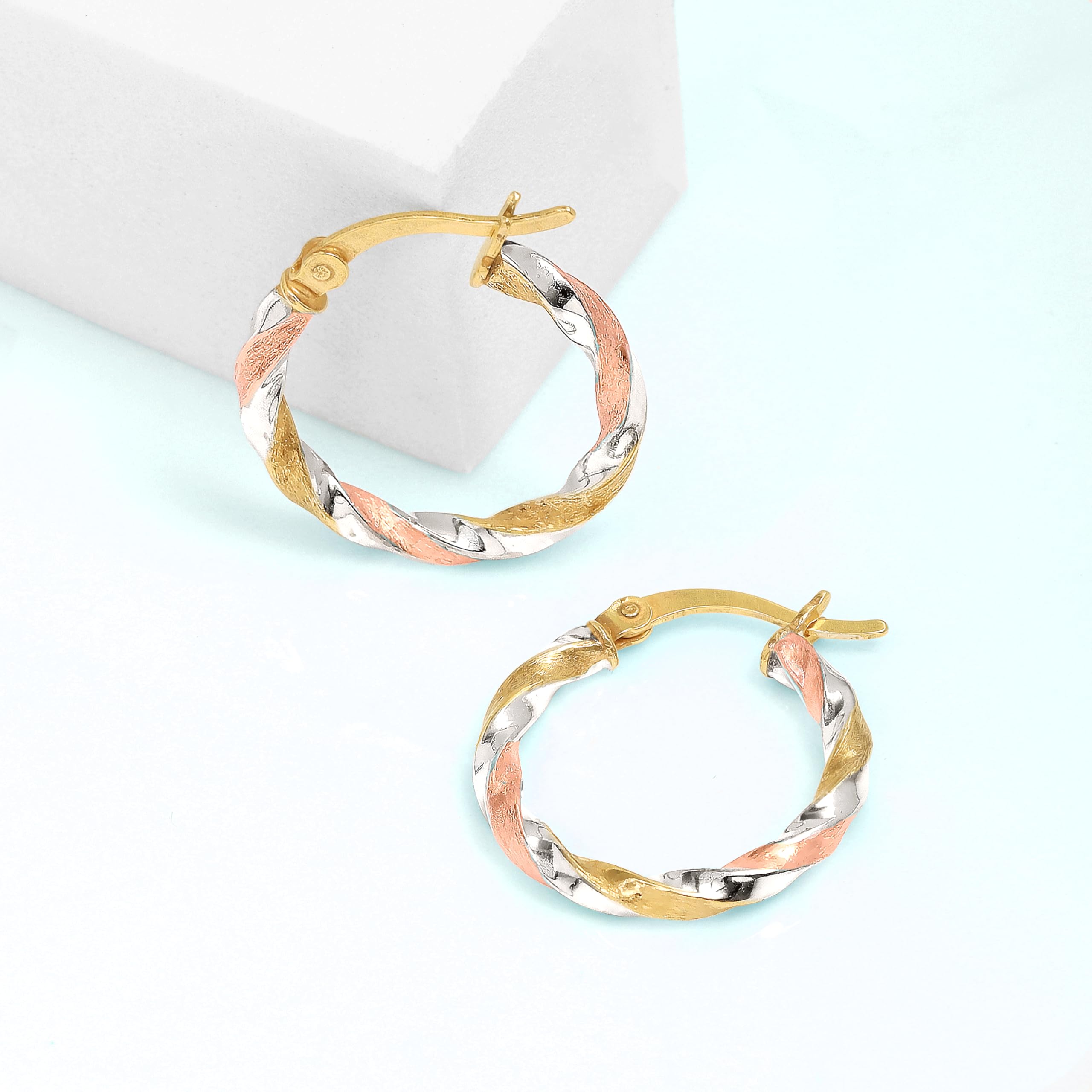 925 Sterling Silver 14K Gold-Plated Three Tone Light Weight Italian Design Hoop Earrings for Women Girls