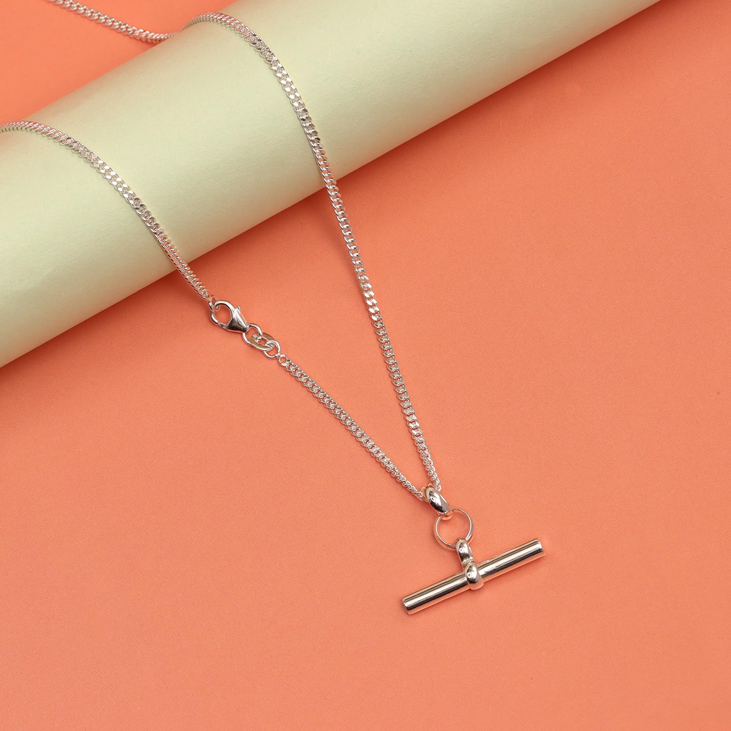 925 Sterling Silver T-Bar Curb Chain Pendant Necklace for Women