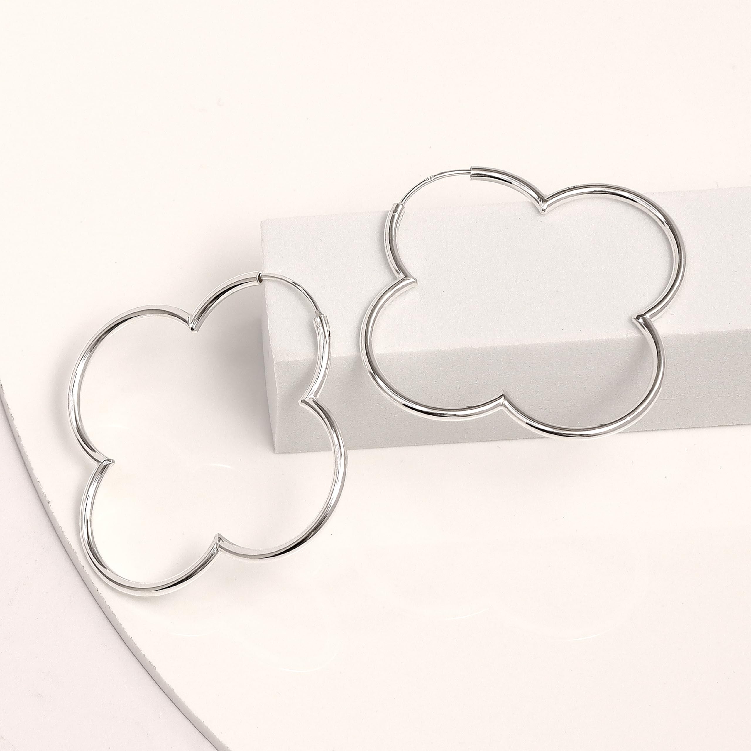 925 Sterling Silver Flower Endless Clover Large Hoop Earrings for Women Teen