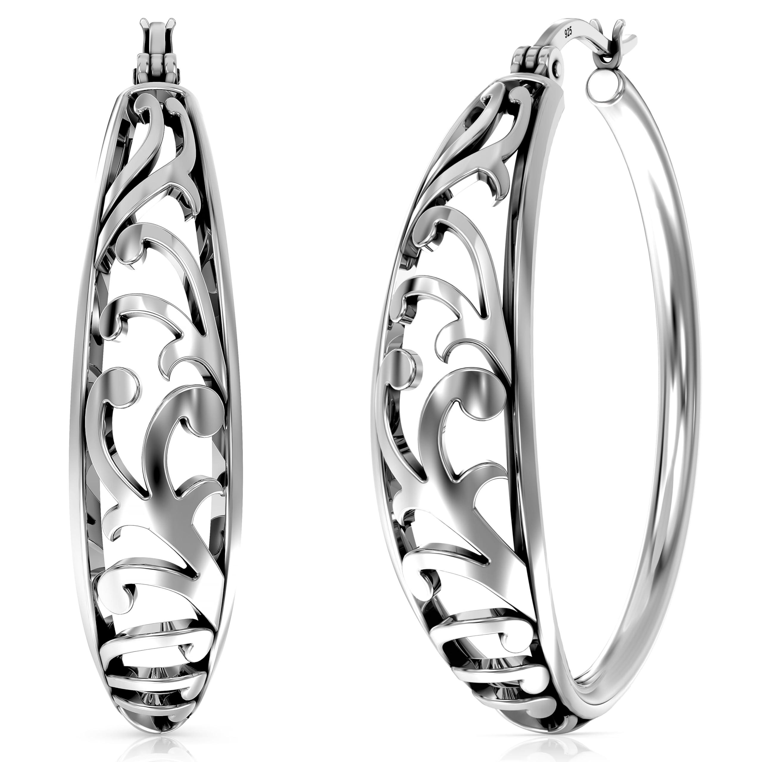 925 Sterling Silver Medium Floral Filigree Hypoallergenic Round Shape Intricate Cutout Design Click-Top Hoop Earrings for Women