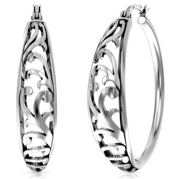 925 Sterling Silver Floral Filigree Hypoallergenic Round Shape Intricate Cutout Design Click-Top Hoop Earrings for Women