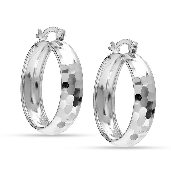 925 Sterling Silver Medium Classic Round Diamond-Cut Chunky Hoop Earrings for Women