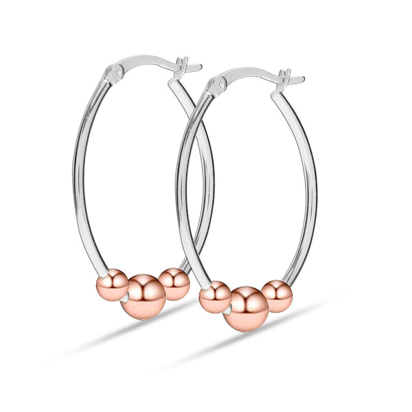 925 Sterling Silver 14K Rose-Gold Plated Light-Weight Oval Two-Tone Bead Ball Hoop Earrings for Women