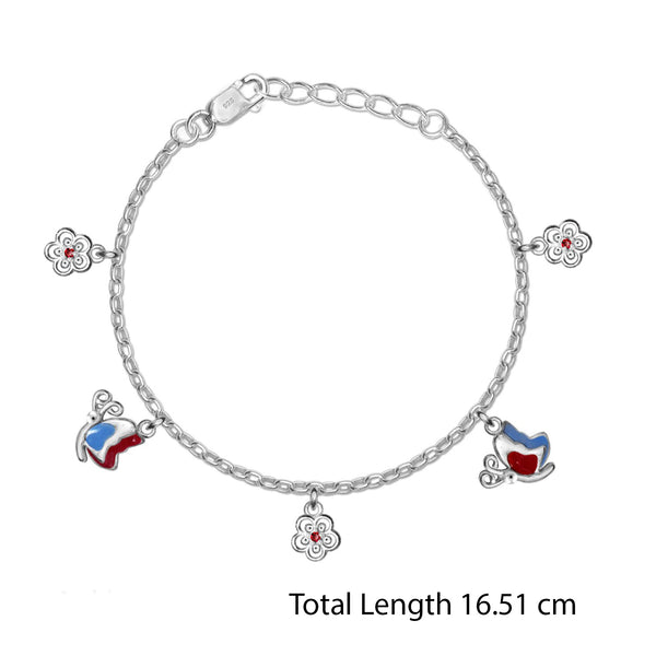 925 Sterling Silver Enameled Butterfly and Flower Shaped Modern Anklets for Kids 4 to 8 Year Girls