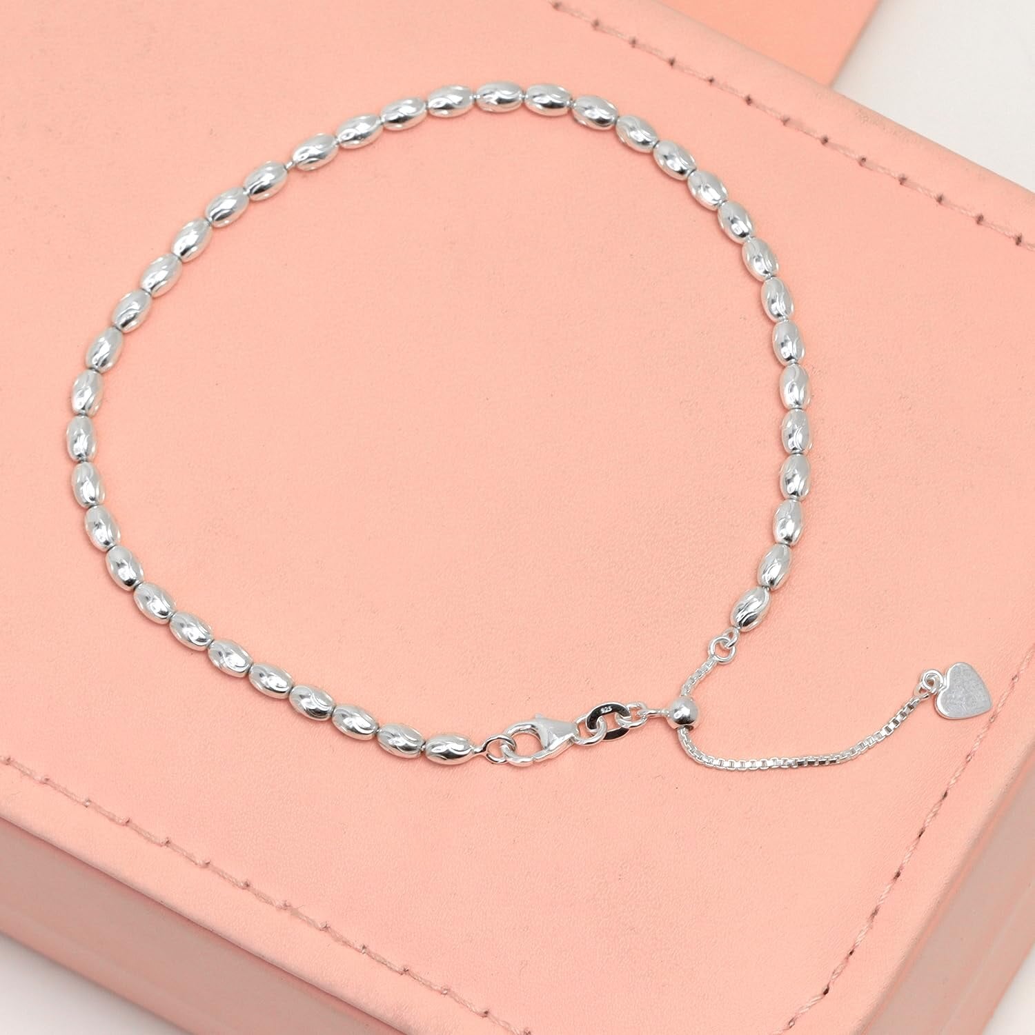 925 Sterling Silver Diamond-Cut Oval Bead Ball Chain Anklet with Heart Charm for Women