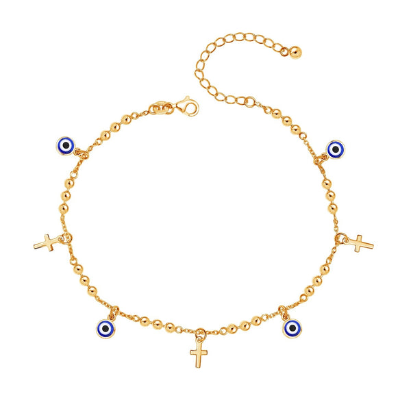 925 Sterling Silver 14K Gold-Plated Evil Eye & Cross Charm Round Bead Ball Chain Anklets for Women 1 Pc