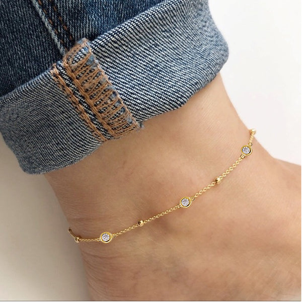 925 Sterling Silver 14K Gold Plated Cubic Zirconia Link Chain Station Anklet for Women