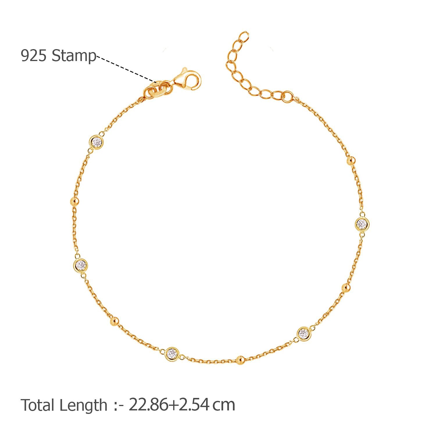 925 Sterling Silver 14K Gold Plated Cubic Zirconia Link Chain Station Anklet for Women 1 PC