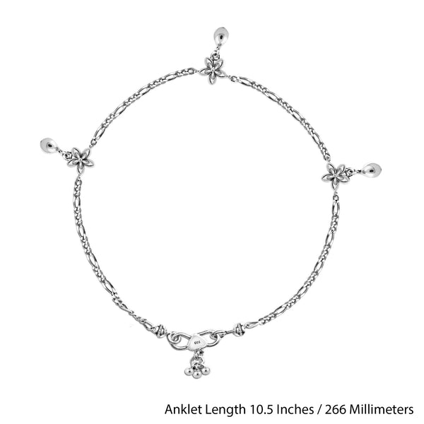 925 Sterling Silver Designer Oxidized Flower Anklets for Women And Girls ;10.5 Inches