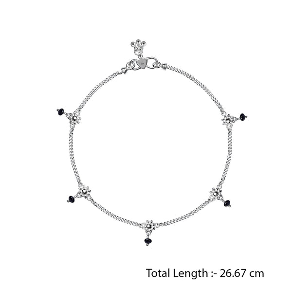 925 Sterling Silver Modern Black Bead Flower Anklets for Women And Girls