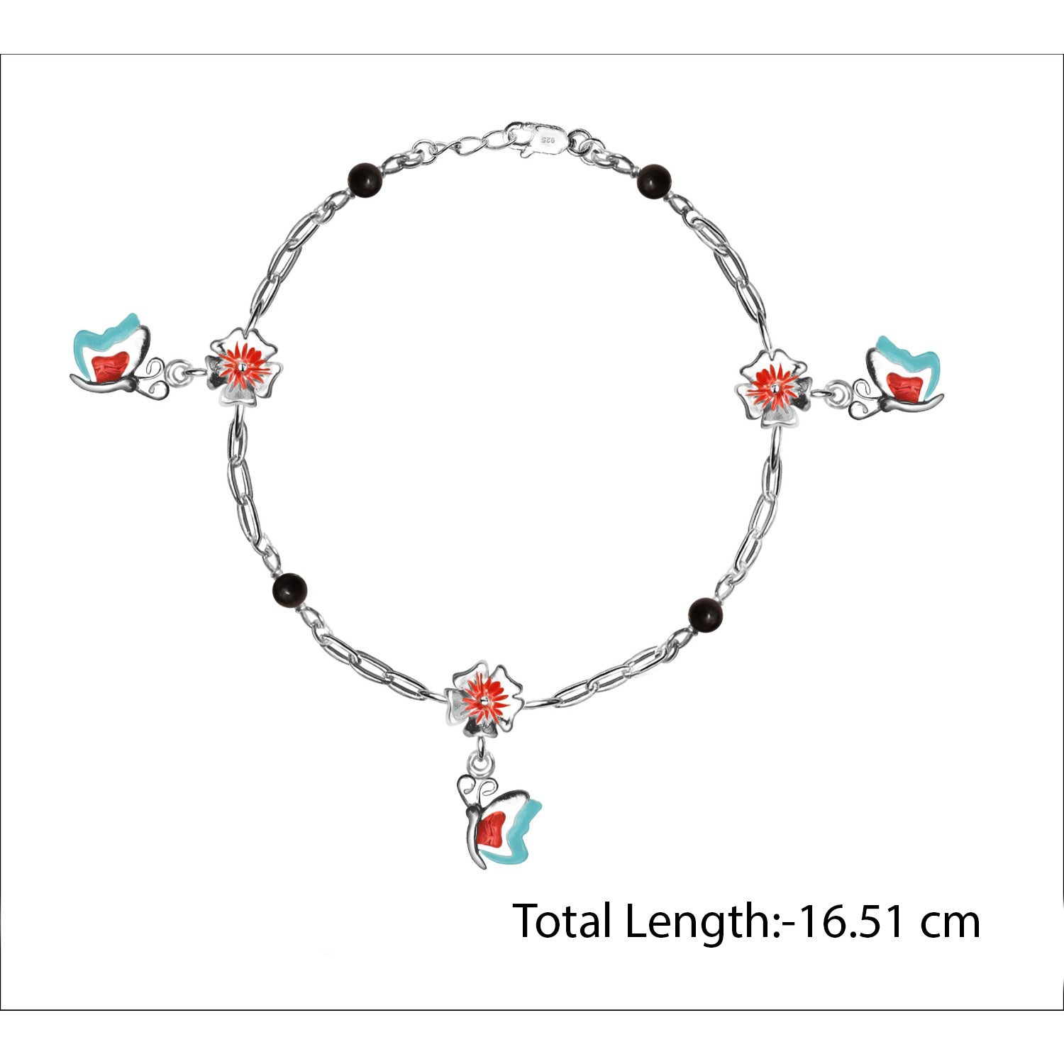 925 Sterling Silver Enameled Flower and Butterfly Shape Modern Anklets for Kids 4 to 8 Year Girls