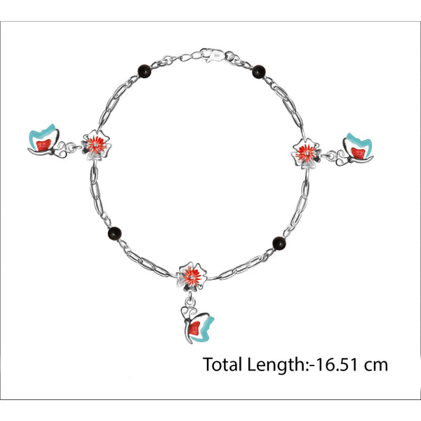 925 Sterling Silver Enameled Flower and Butterfly Shape Modern Anklets for Kids 4 to 8 Year Girls