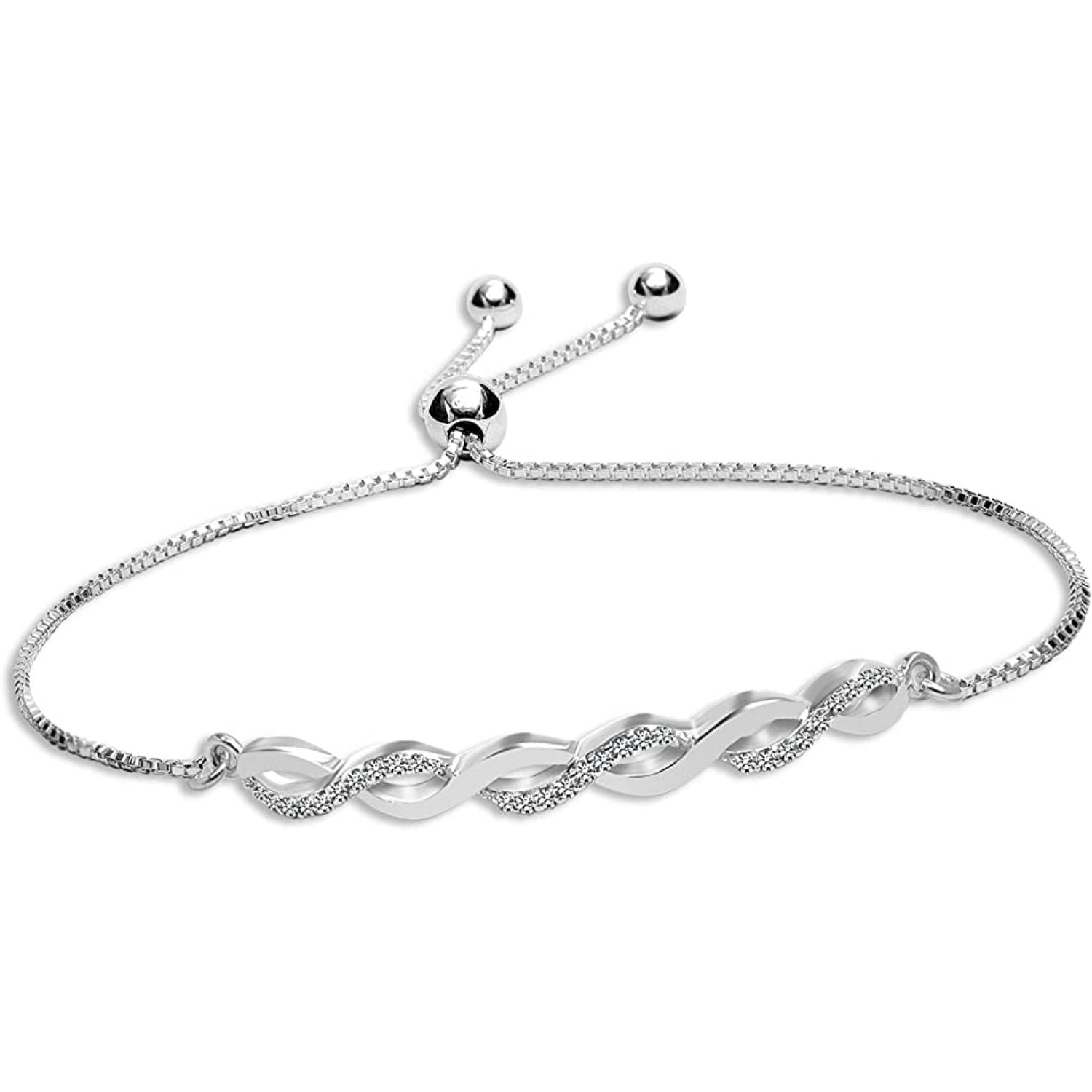 925 Sterling Silver Infinity Twisted Zirconia Adjustable Bolo Bracelet for Women