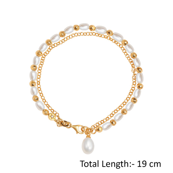 925 Sterling Silver 14K Gold Plated Double Layer Chain Freshwater Pearl Bracelet for Women