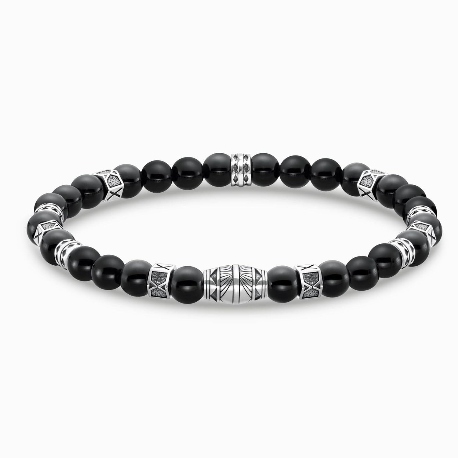 925 Sterling Silver Stretchable Black Onyx Stone Beads Bracelet for Men