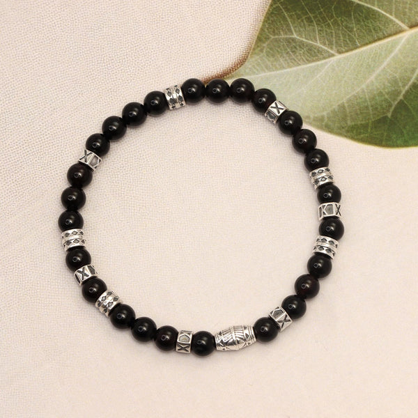 925 Sterling Silver Stretchable Black Onyx Stone Beads Bracelet for Men