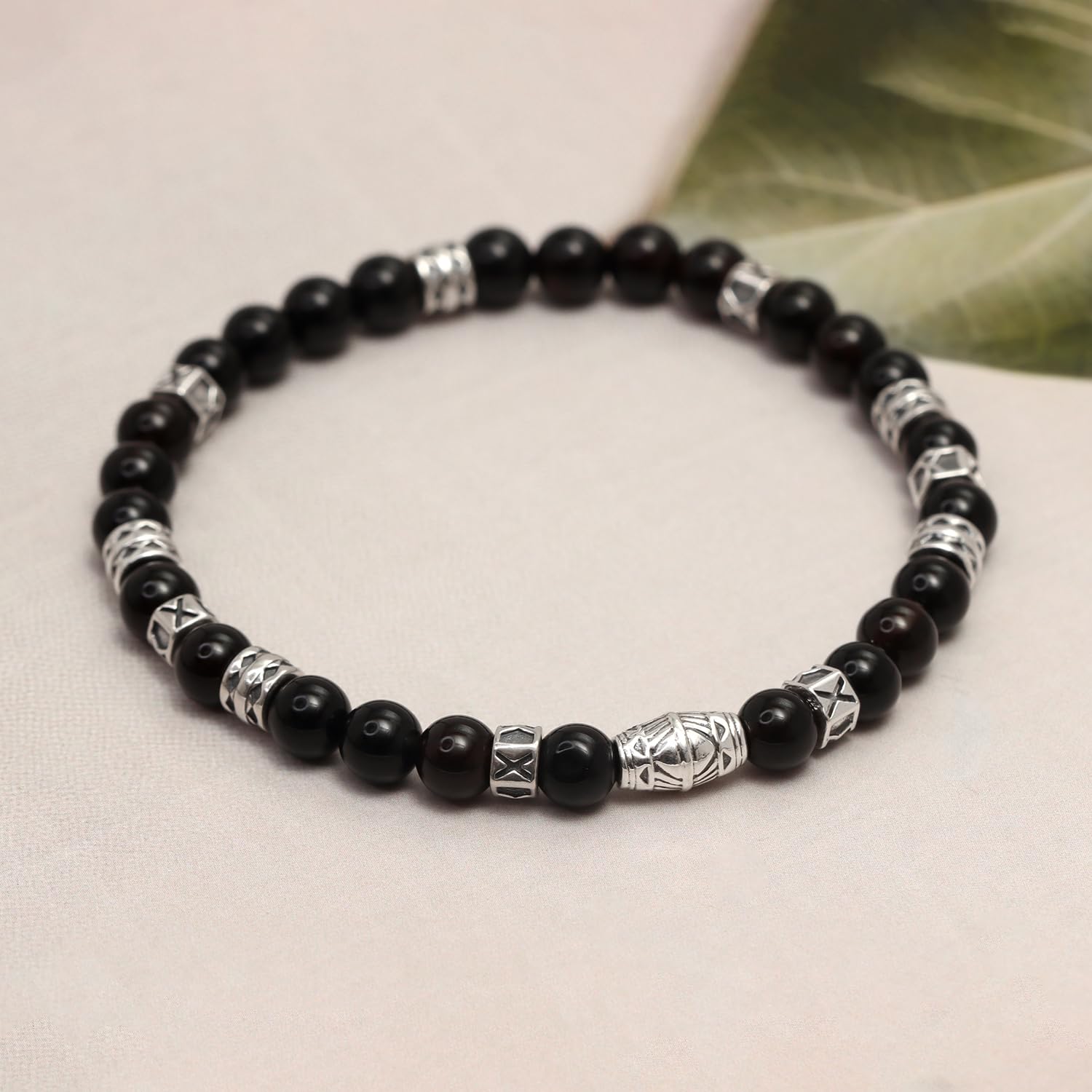 925 Sterling Silver Stretchable Black Onyx Stone Beads Bracelet for Men