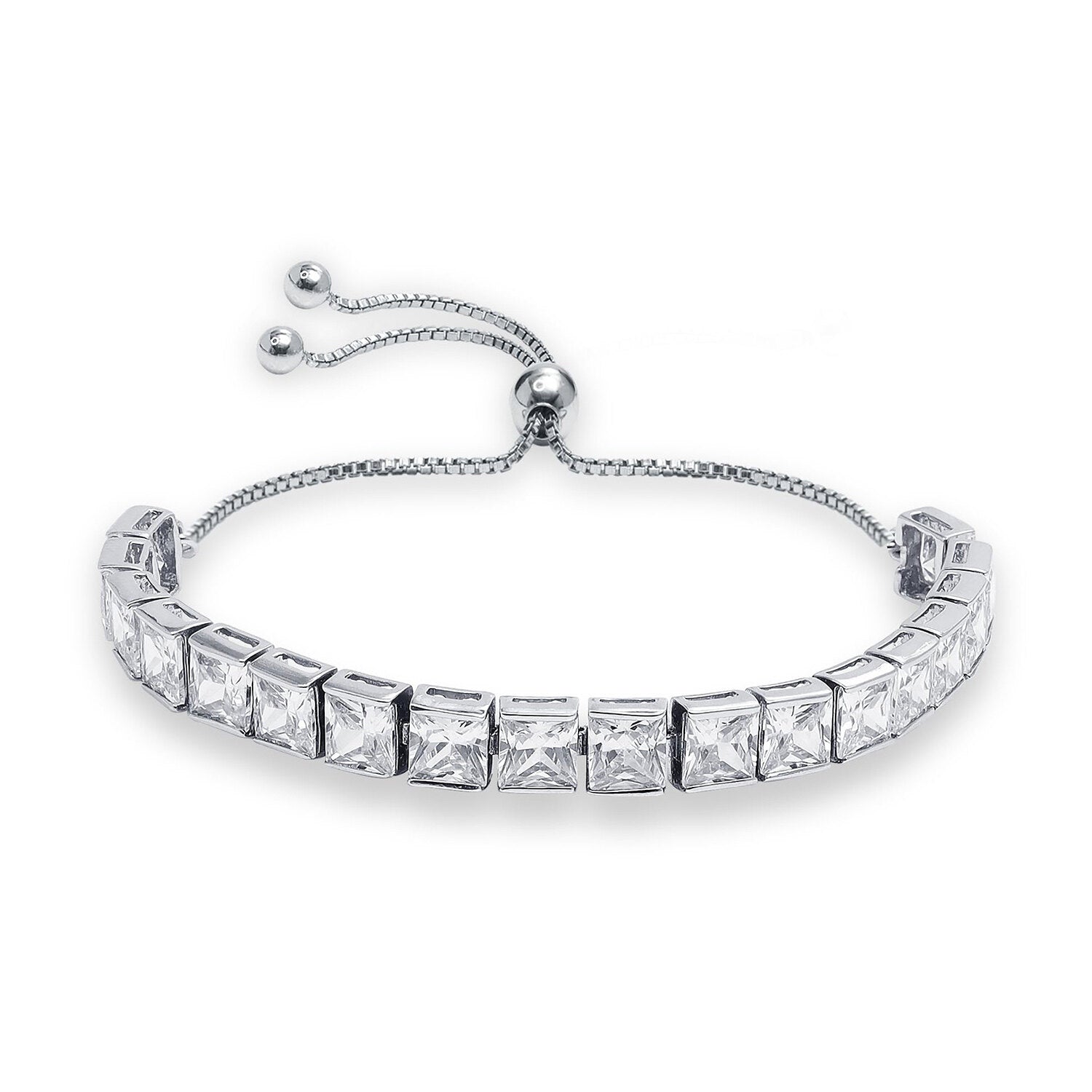 925 Sterling Silver Cubic Zirconia Sparkling Square Tennis Adjustable Bolo Bracelet for Women