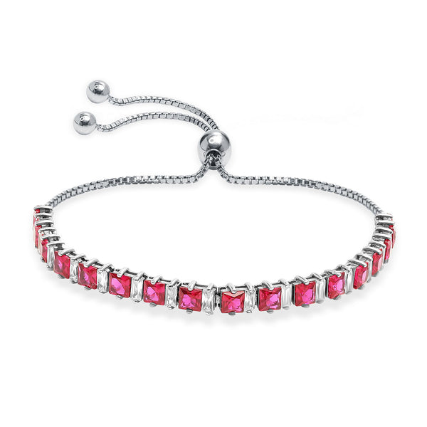 925 Sterling Silver Cubic Zirconia Tennis Ruby Birthstone Adjustable Bolo Bracelet for Women