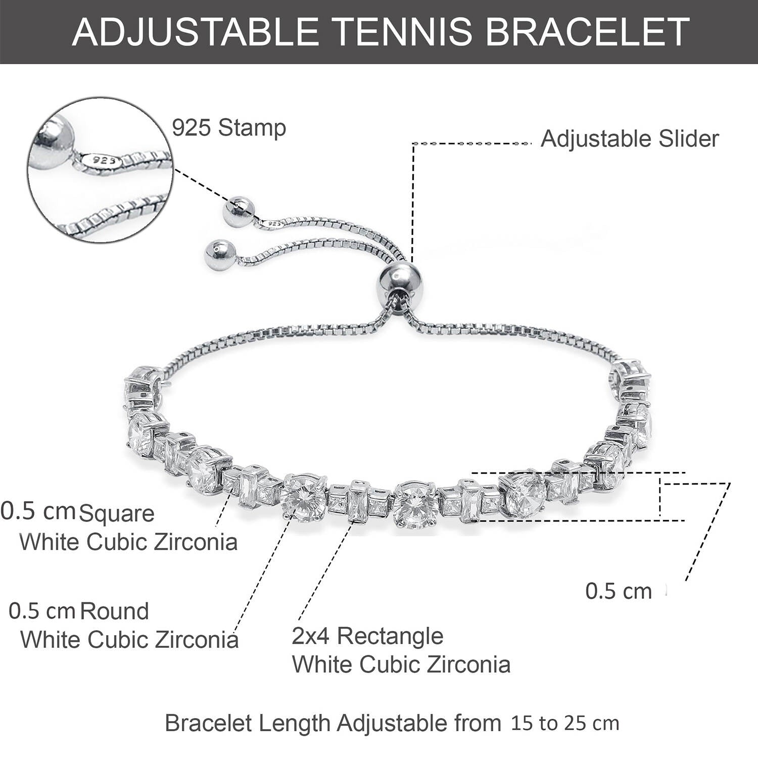 925 Sterling Silver Geometic Shape Cubic Zirconia Tennis Adjustable Bolo Bracelet for Women