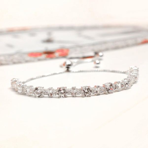 925 Sterling Silver Geometic Shape Cubic Zirconia Tennis Adjustable Bolo Bracelet for Women