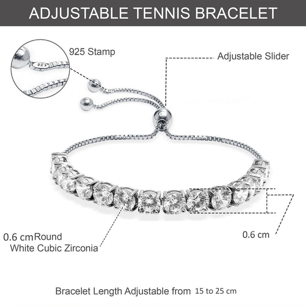 925 Sterling Silver Round Cubic Zirconia Tennis Adjustable Bolo Bracelet for Women