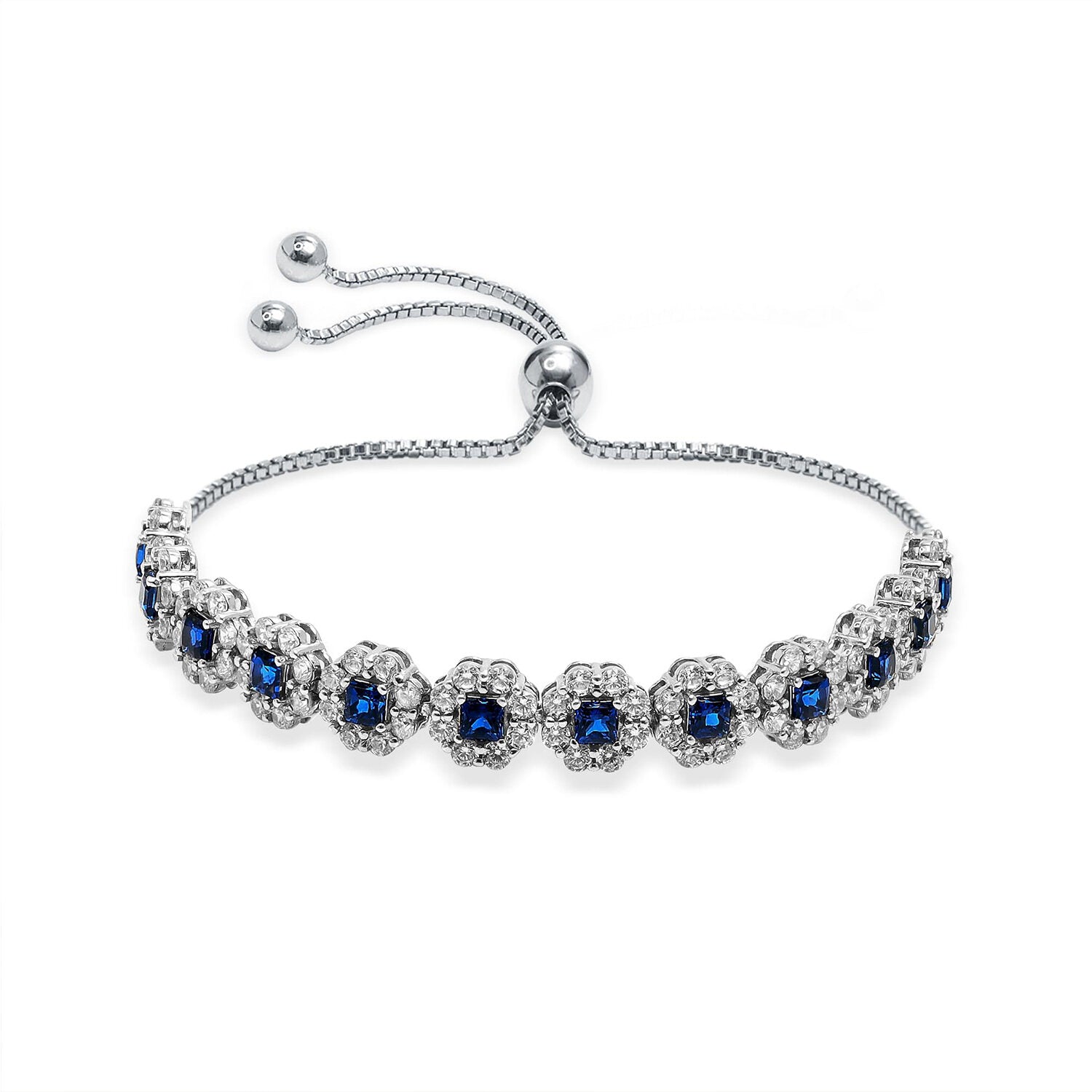 925 Sterling Silver Tennis Round Cubic Zirconia & Blue Sapphire Adjustable Bolo Bracelet for Women