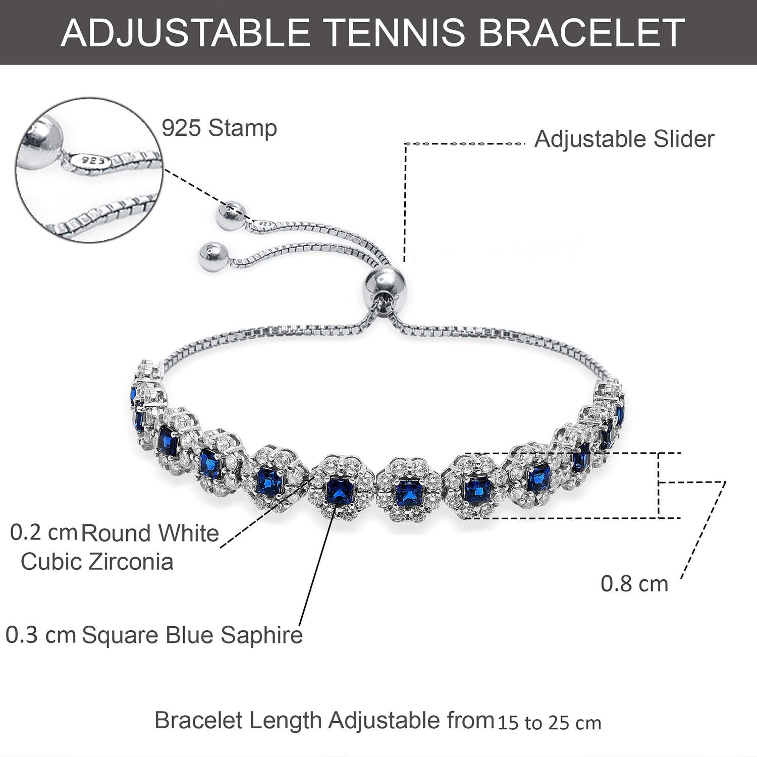 925 Sterling Silver Tennis Round Cubic Zirconia & Blue Sapphire Adjustable Bolo Bracelet for Women