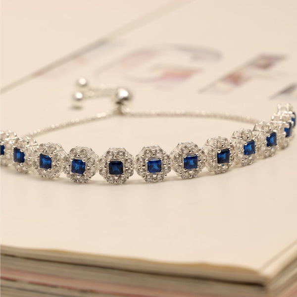 925 Sterling Silver Tennis Round Cubic Zirconia & Blue Sapphire Adjustable Bolo Bracelet for Women