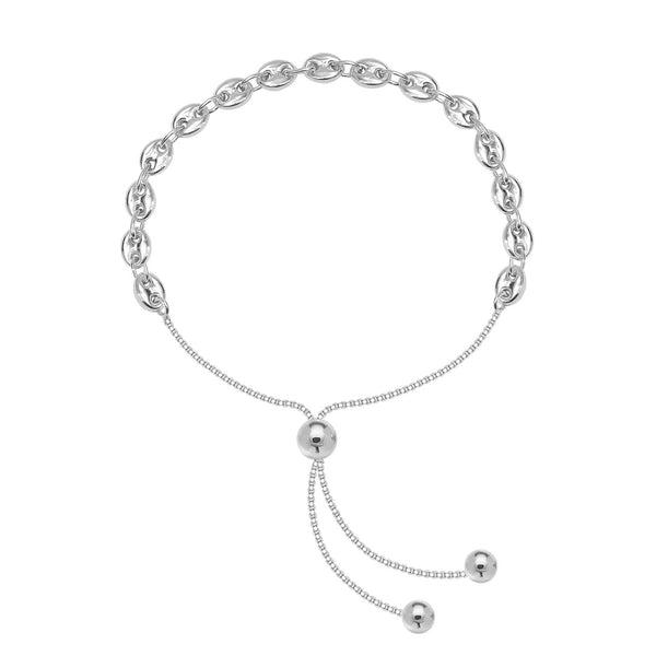 925 Sterling Silver Puffed Mariner Link Chain Adjustable Sliding Bolo Bracelet For Women