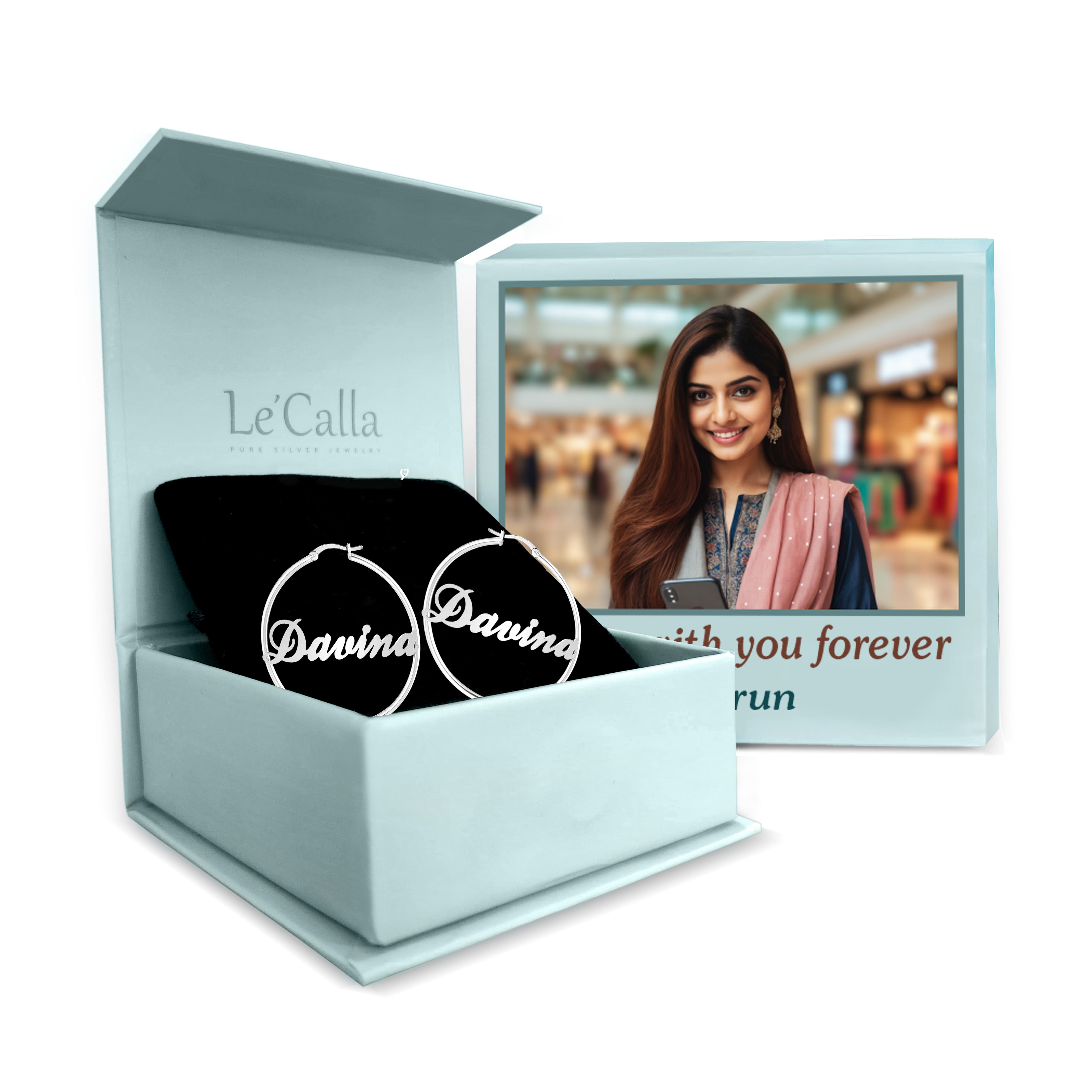 Personalised 925 Sterling Silver Name ClickTop Hoop Earrings with Personalised Photo & Message BOX for Teen Women