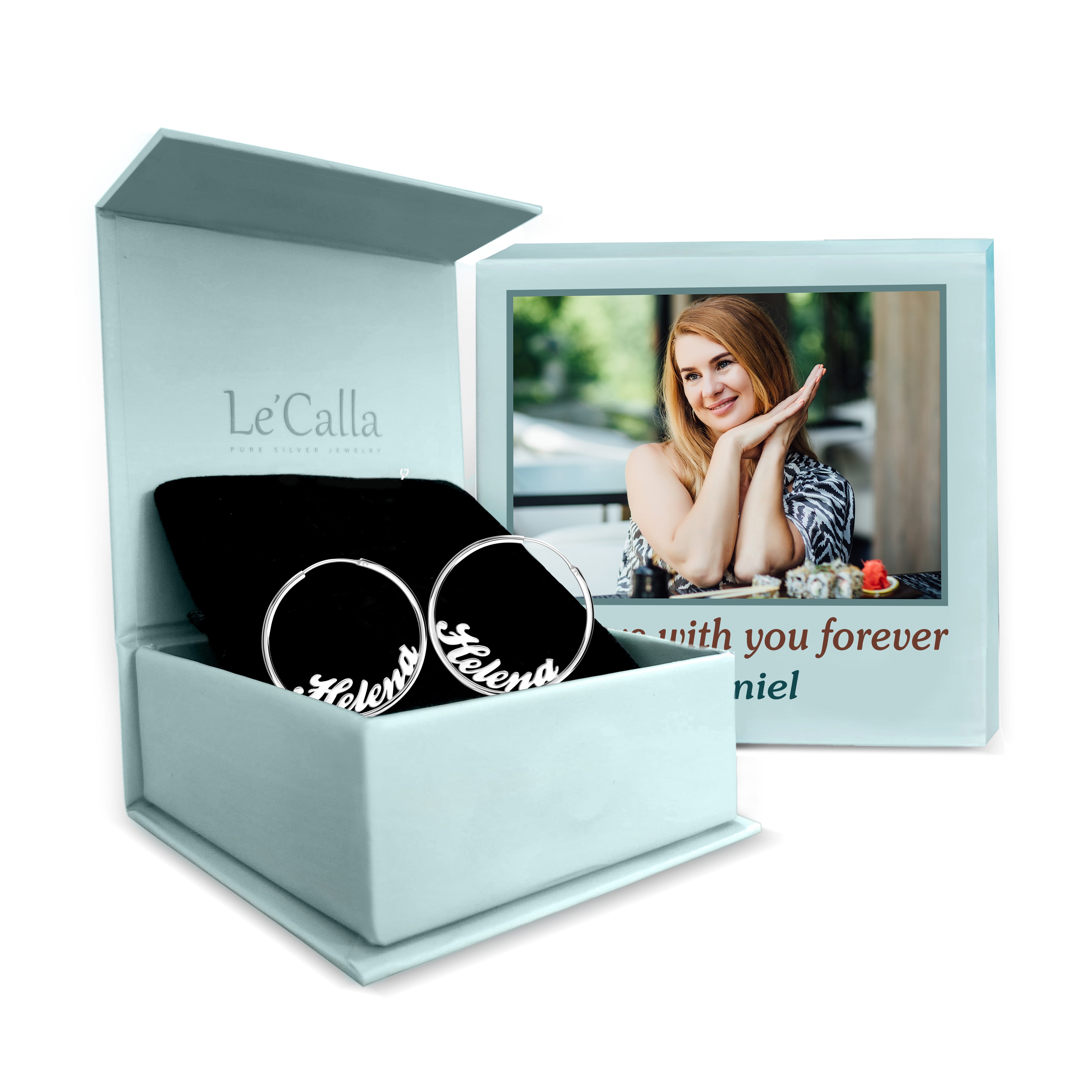 Personalised 925 Sterling Silver Name Endless Hoop Earrings with Personalised Photo & Message BOX for Teen Women