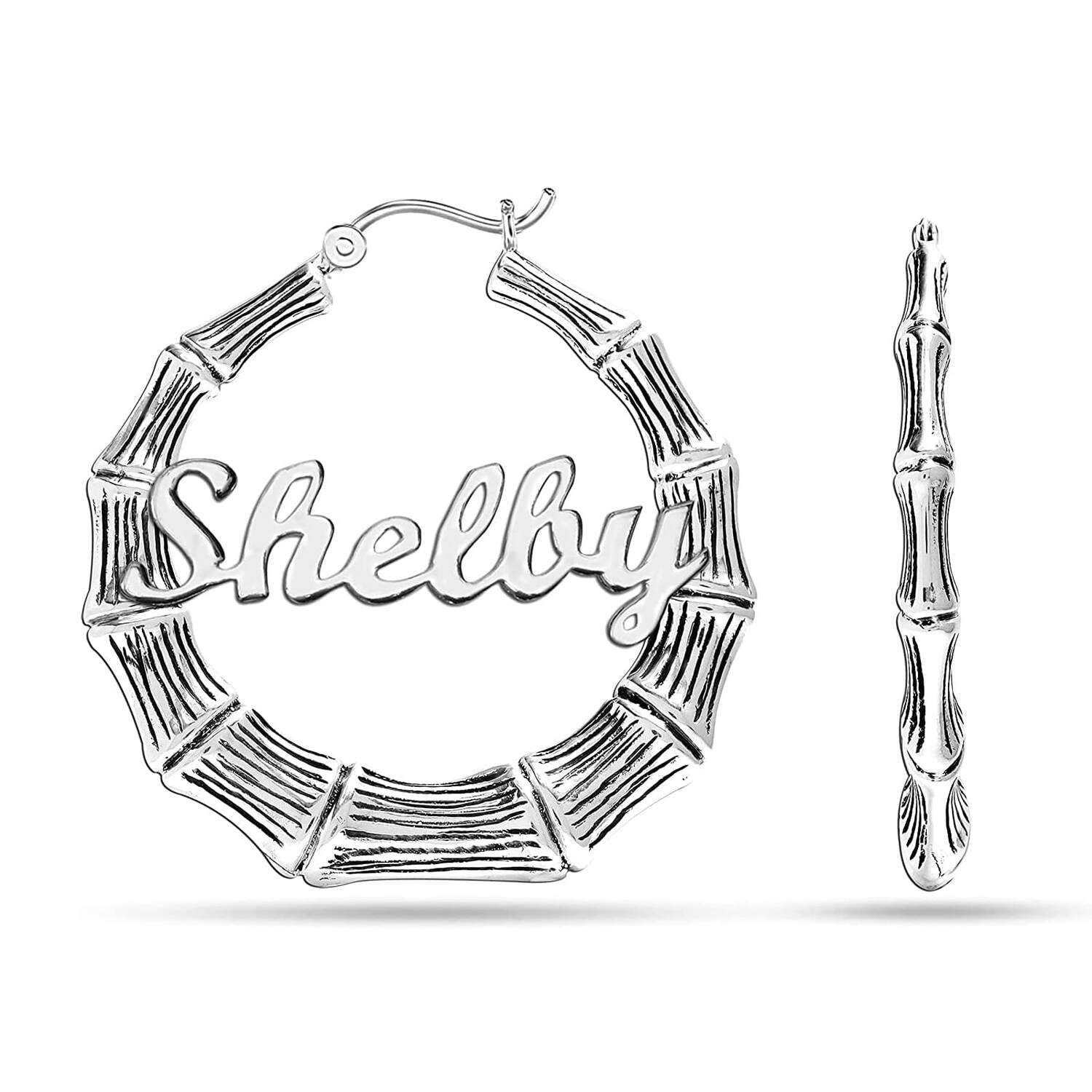 Personalised 925 Sterling Silver Tone Bamboo Name Hoop Earrings for Teen Women 40 MM