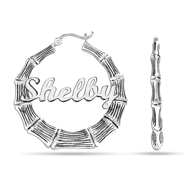 Personalised 925 Sterling Silver Tone Bamboo Name Hoop Earrings for Teen Women 40 MM