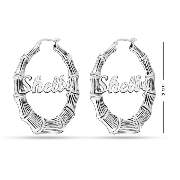 Personalised 925 Sterling Silver Tone Bamboo Name Hoop Earrings for Teen Women