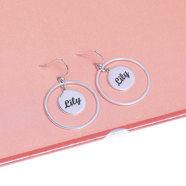 Personalised 925 Sterling Silver Engraved Name Double Circle Drop Earrings for Women