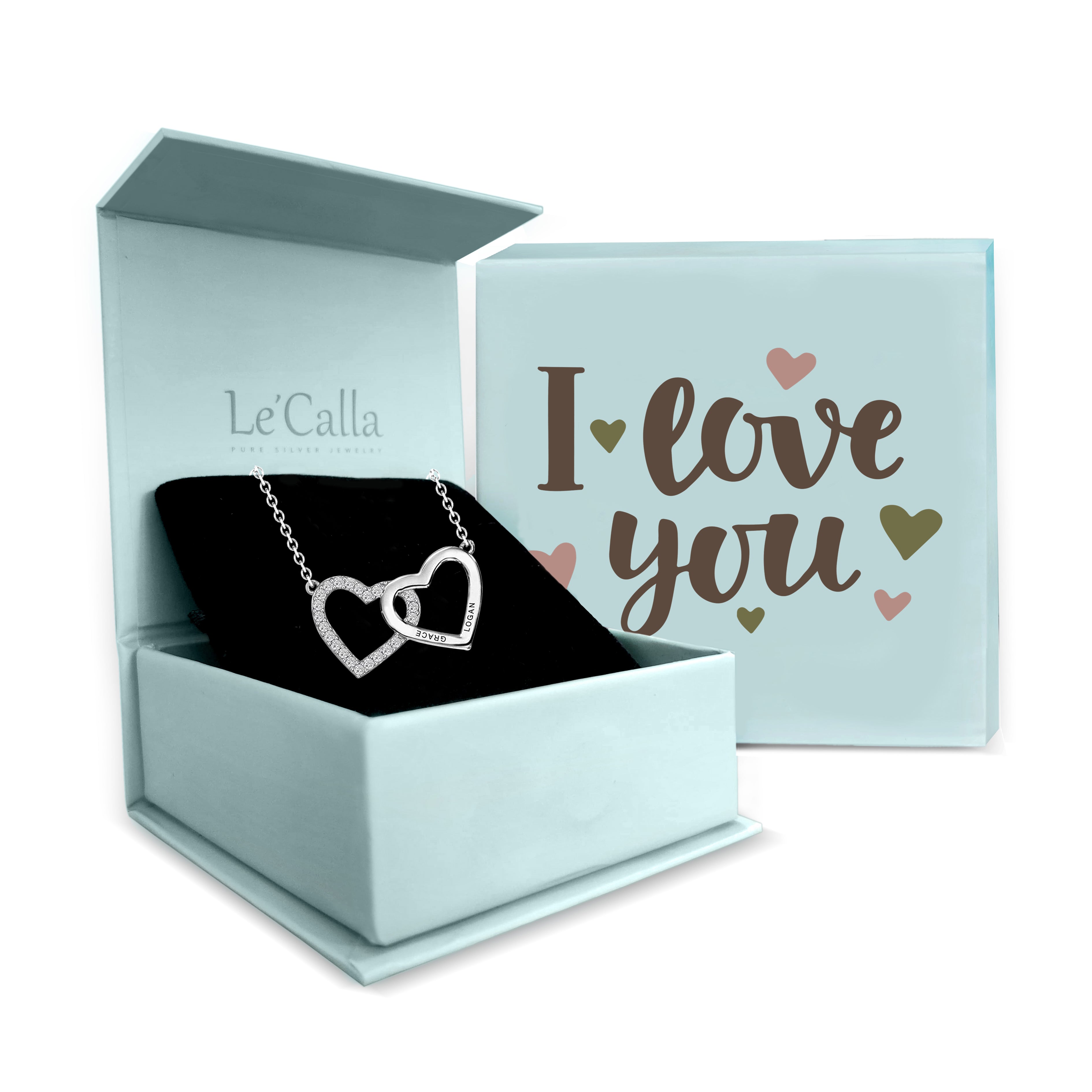 Personalised 925 Sterling Silver Interlocking Heart Couple Necklace with Personalised Message BOX for Teen Women