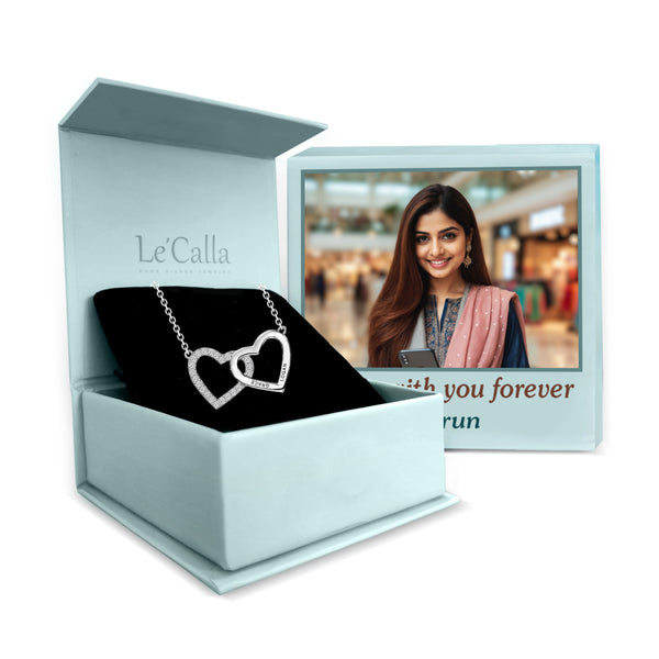 Personalised 925 Sterling Silver Interlocking Heart Couple Necklace with Personalised Photo & Message BOX for Teen Women