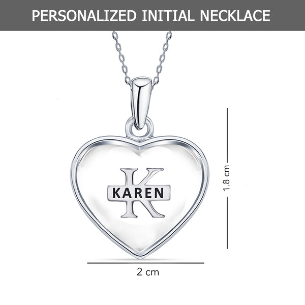 925 Sterling Silver Personalised Heart Shape Custom Initial Transparent Resin Pendant Necklace with Personalised Message BOX for Teen Women