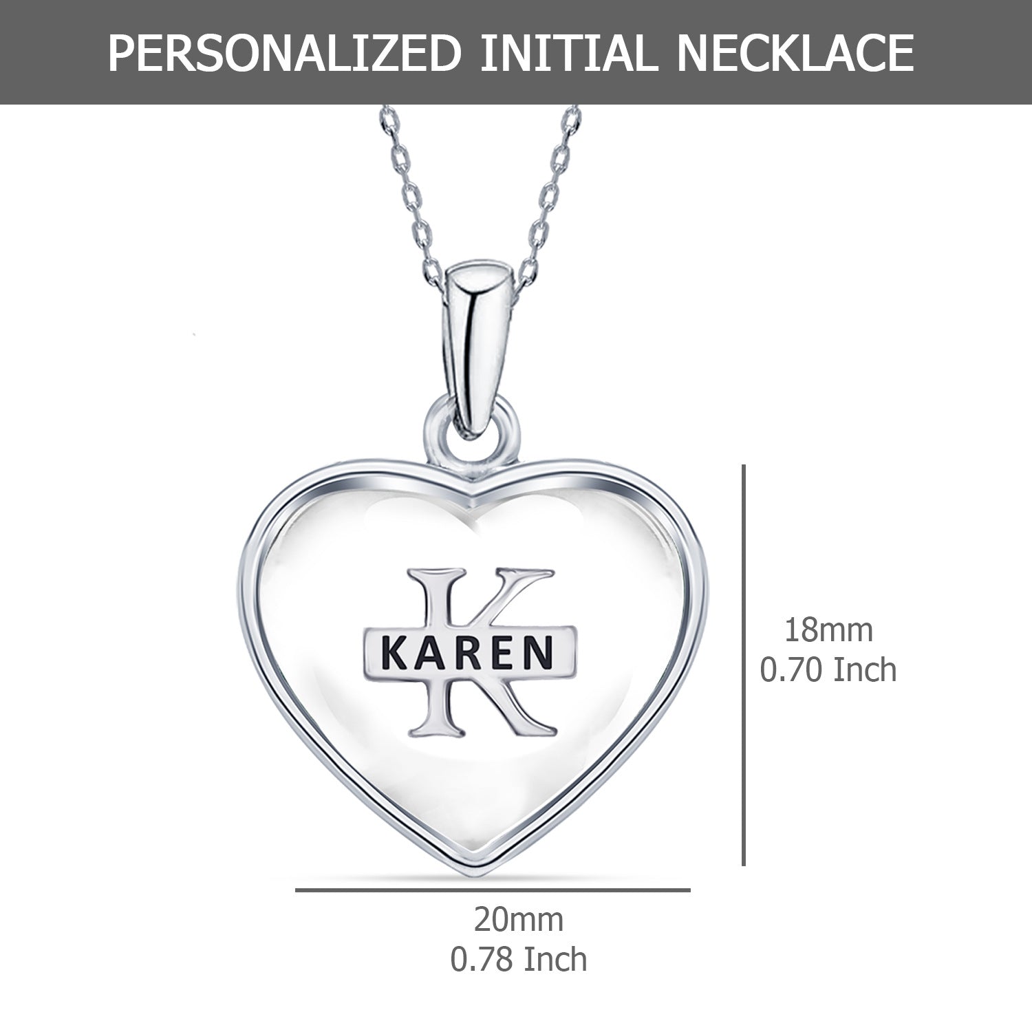 925 Sterling Silver Personalised Heart Shape Custom Initial Transparent Resin Pendant Necklace for Teen Women