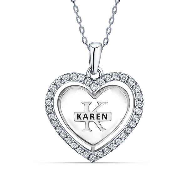 925 Sterling Silver Personalised CZ Heart Shape Rotating Custom Initial Transparent Resin Pendant Necklace for Teen Women
