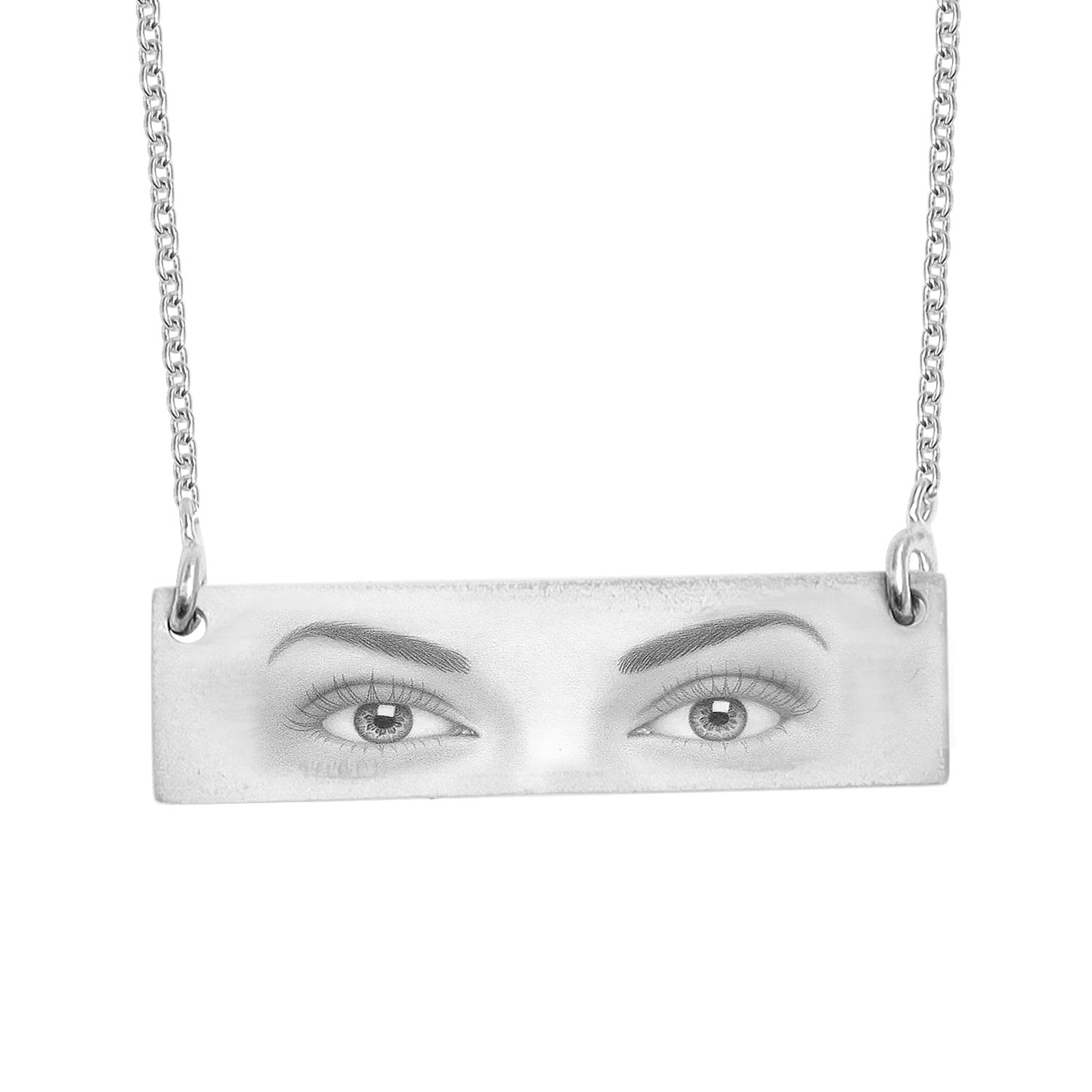 925 Sterling Silver Personalised Eyes Engraved ID & Bar Custom Photo Pendant Necklace for Women