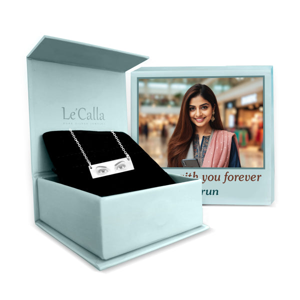 925 Sterling Silver Personalised Eyes Engraved ID & Bar Custom Photo Pendant Necklace with Personalised Photo & Message Box for Women